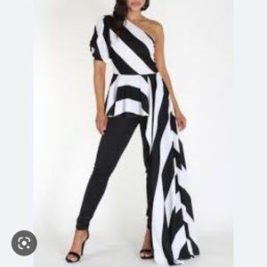 Striped One Shoulder High Low Irregular Tunic Tops Asymmetrical Blouse Shirt